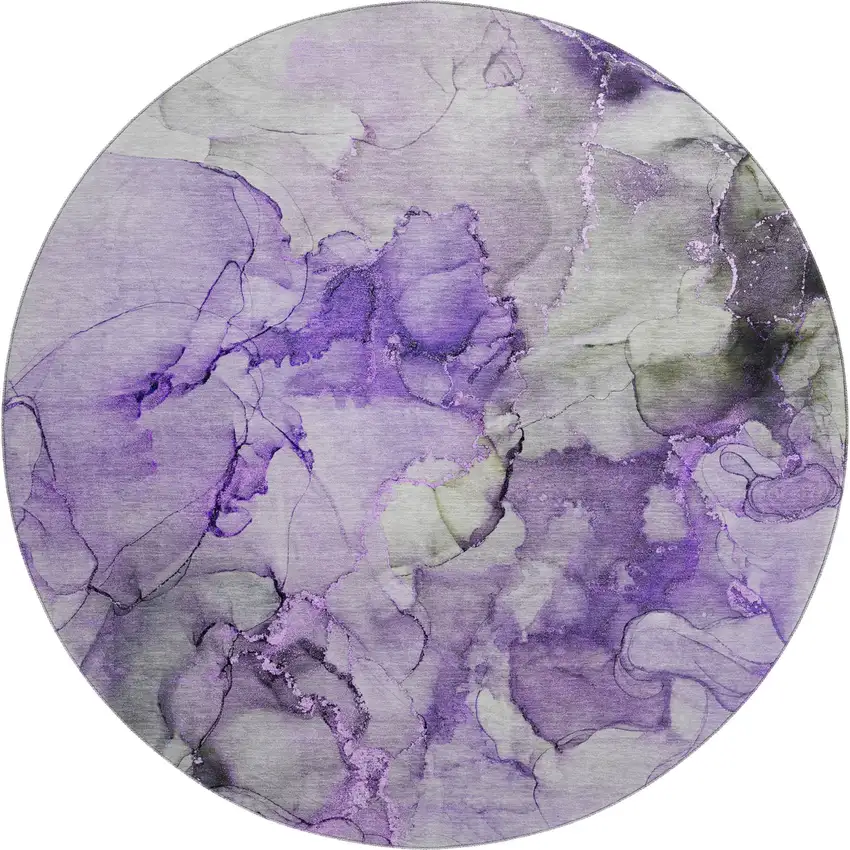 8' Purple Gray And Ivory Abstract Washable Round Rug With UV Protection Photo 1