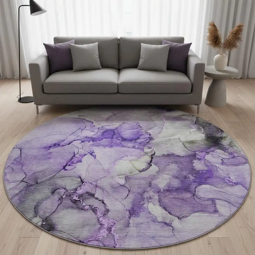 8' Purple Gray And Ivory Abstract Washable Round Rug With UV Protection Photo 2