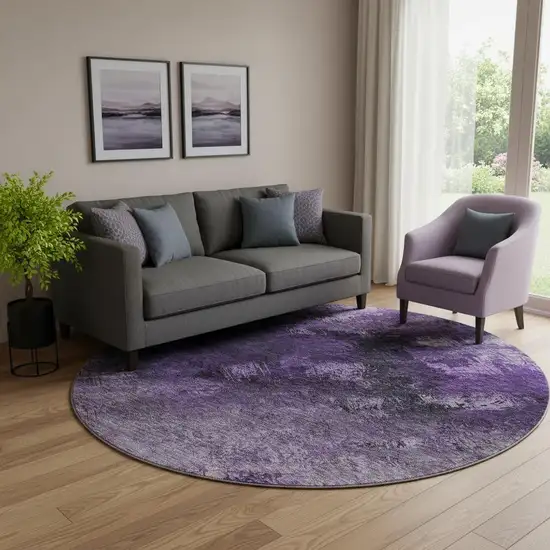 8' Purple Gray And Ivory Abstract Washable Round Rug With UV Protection Photo 1