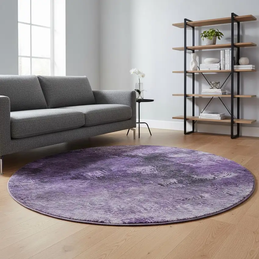 8' Purple Gray And Ivory Abstract Washable Round Rug With UV Protection Photo 2