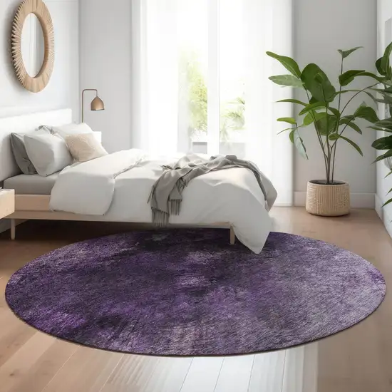 8' Purple Gray And Ivory Abstract Washable Round Rug With UV Protection Photo 5