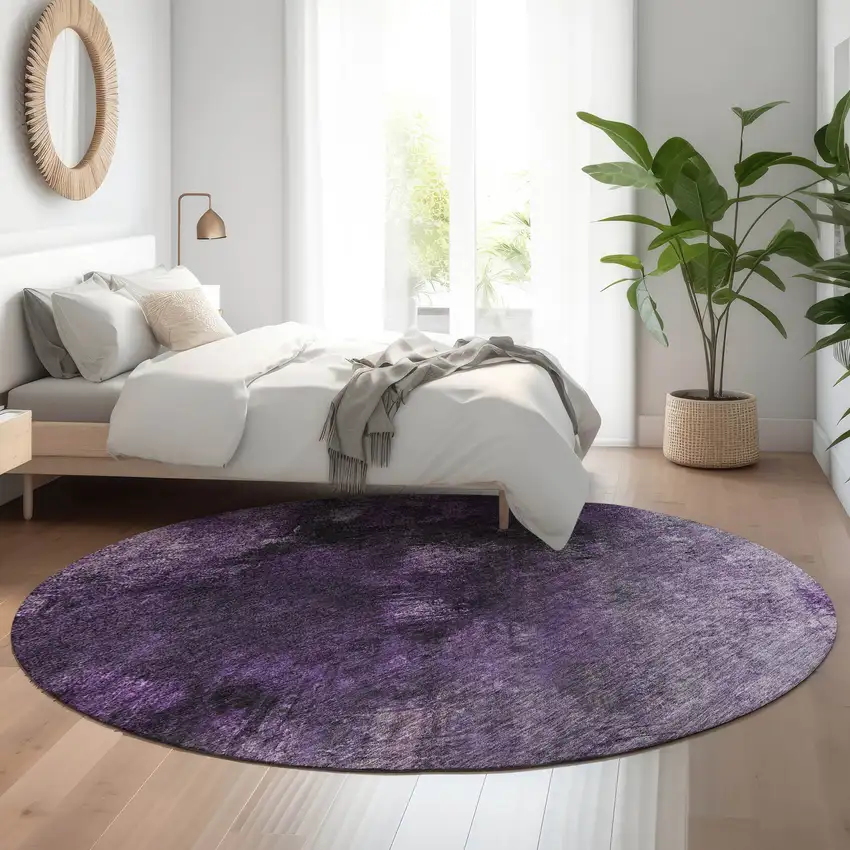 8' Purple Gray And Ivory Abstract Washable Round Rug With UV Protection Photo 5
