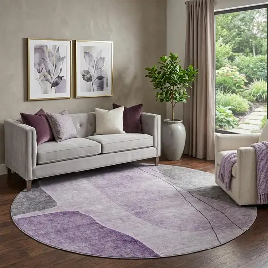 8' Purple Gray And Ivory Abstract Washable Round Rug With UV Protection Photo 1