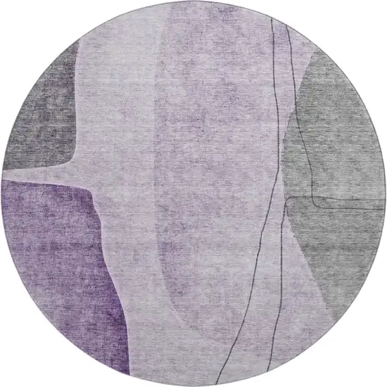 8' Purple Gray And Ivory Abstract Washable Round Rug With UV Protection Photo 1