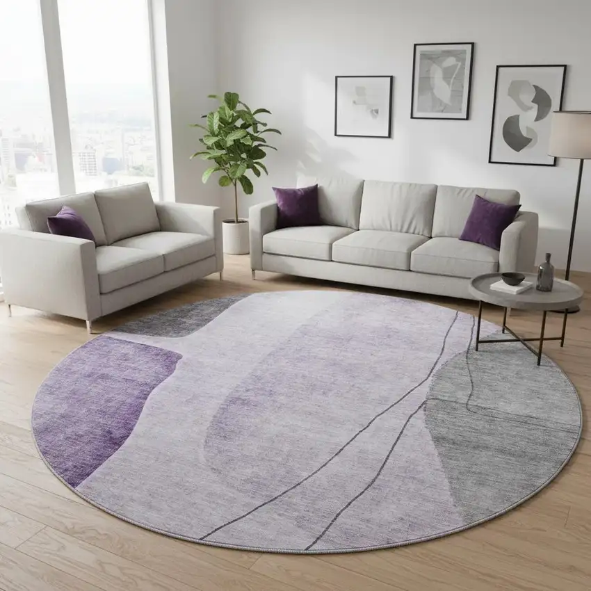 8' Purple Gray And Ivory Abstract Washable Round Rug With UV Protection Photo 2