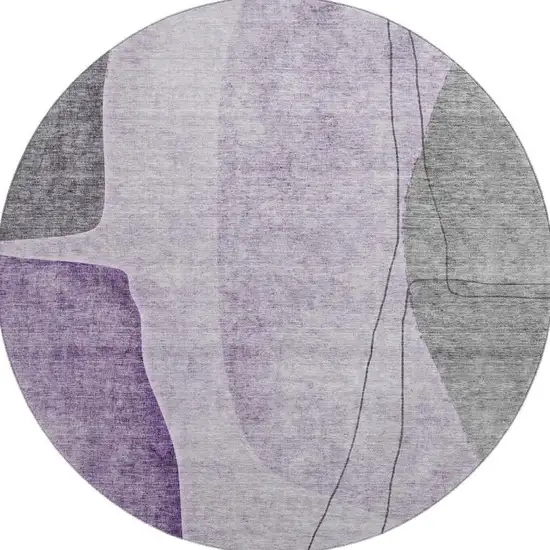 8' Purple Gray And Ivory Abstract Washable Round Rug With UV Protection Photo 4