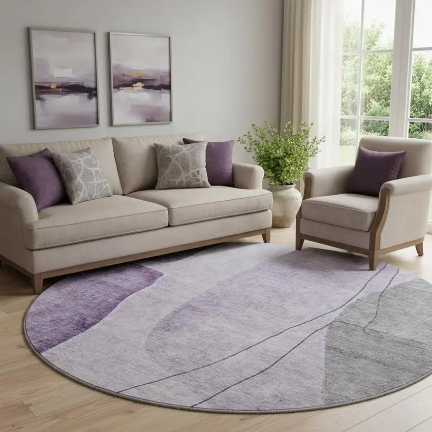 8' Purple Gray And Ivory Abstract Washable Round Rug With UV Protection Photo 1