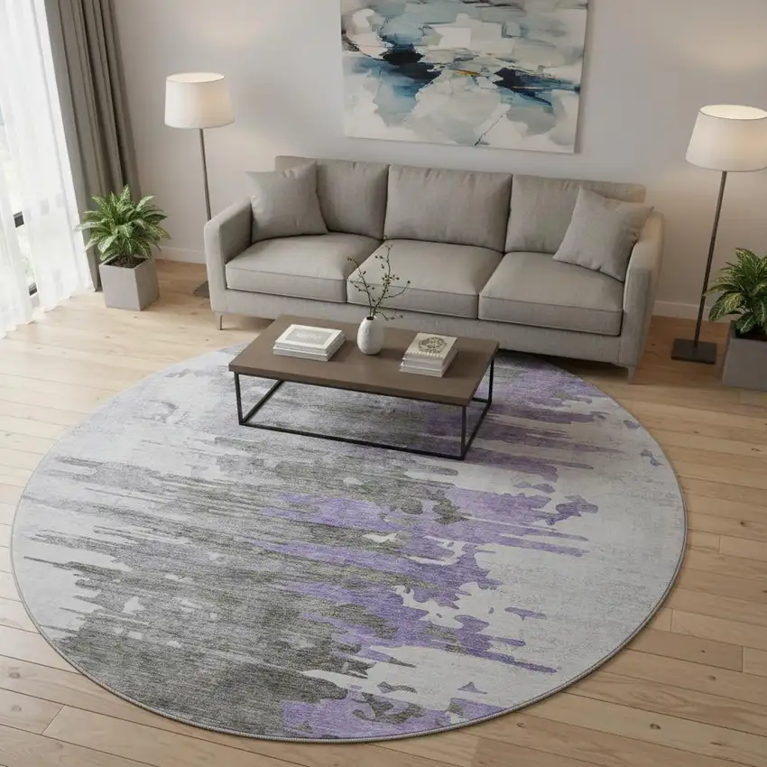 8' Purple Gray And Ivory Abstract Washable Round Rug With UV Protection Photo 2