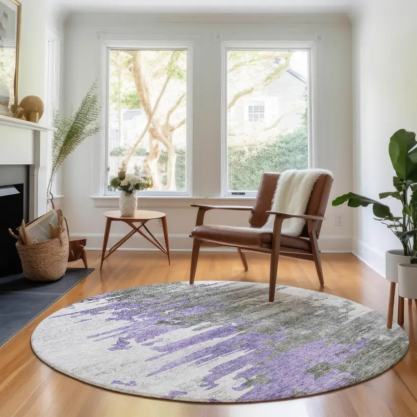8' Purple Gray And Ivory Abstract Washable Round Rug With UV Protection Photo 5