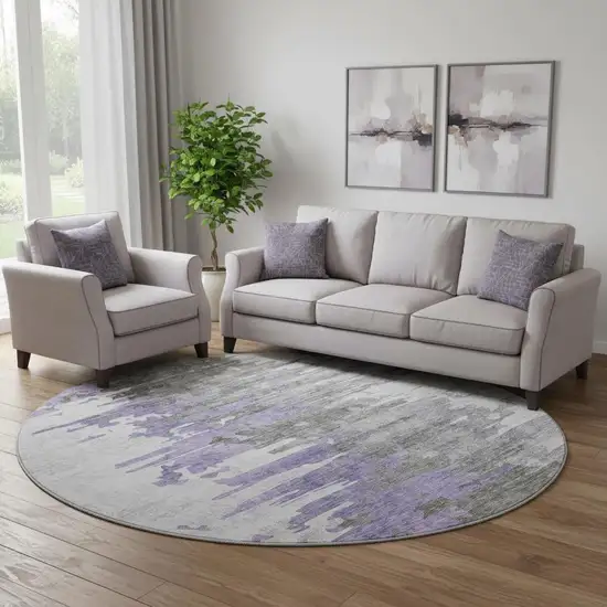 8' Purple Gray And Ivory Abstract Washable Round Rug With UV Protection Photo 1