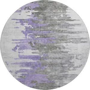 Photo of 8' Purple Gray And Ivory Abstract Washable Round Rug With UV Protection