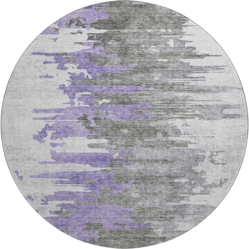 8' Purple Gray And Ivory Abstract Washable Round Rug With UV Protection Photo 1
