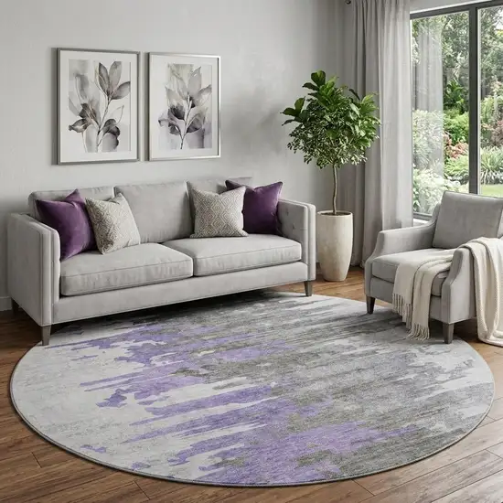 8' Purple Gray And Ivory Abstract Washable Round Rug With UV Protection Photo 1