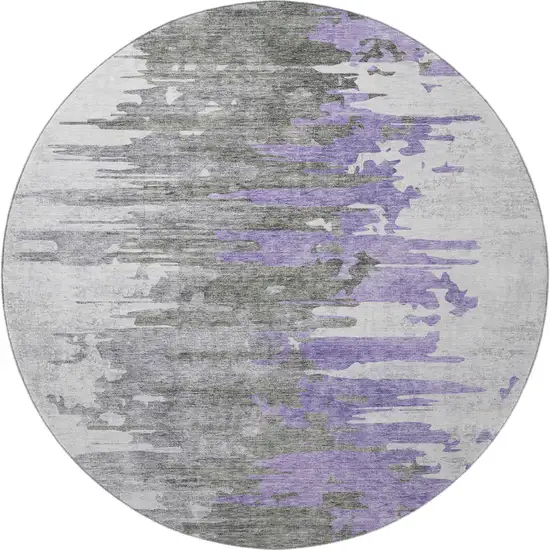 8' Purple Gray And Ivory Abstract Washable Round Rug With UV Protection Photo 4
