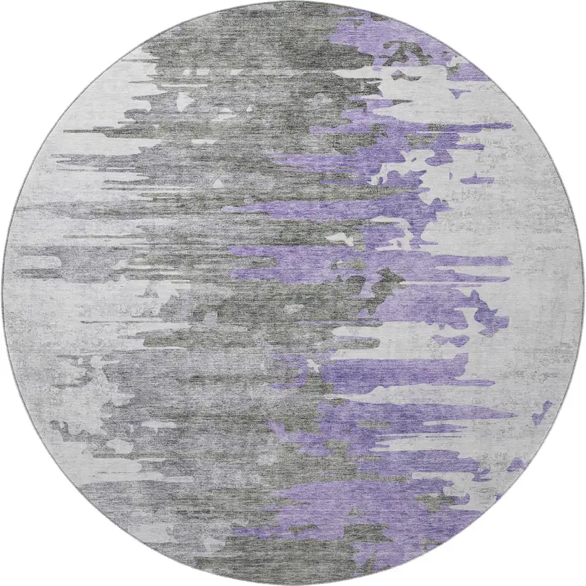 8' Purple Gray And Ivory Abstract Washable Round Rug With UV Protection Photo 4