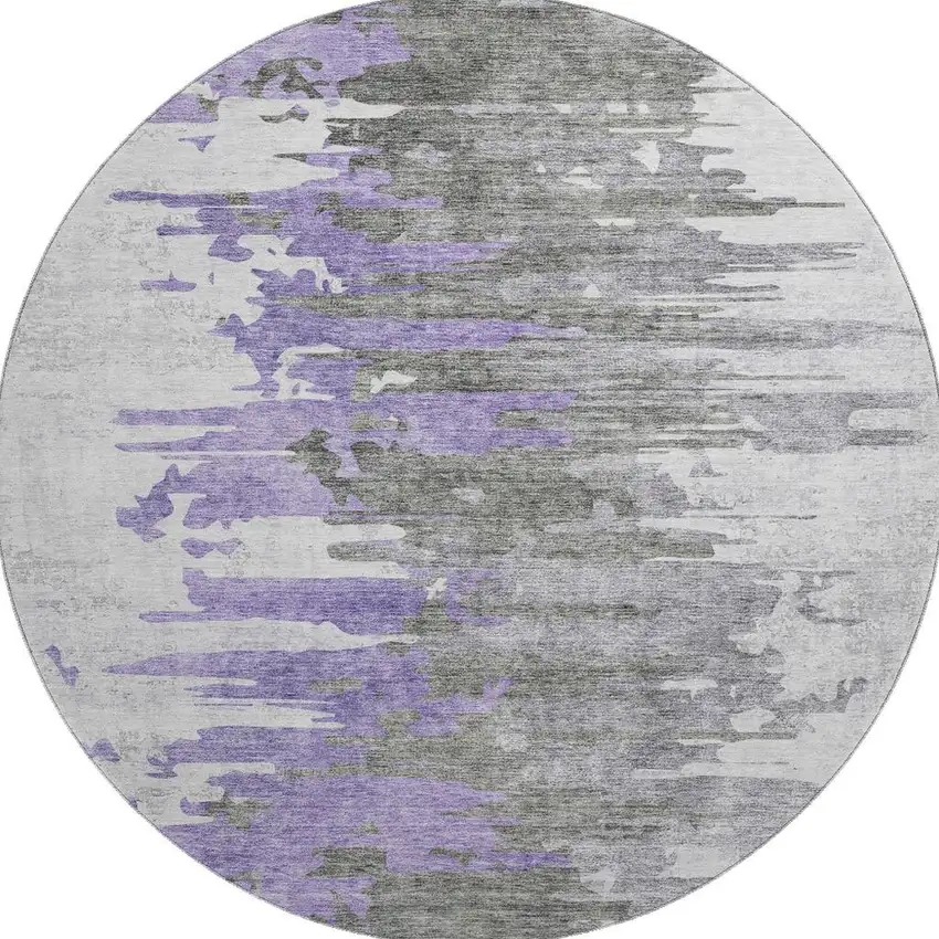 8' Purple Gray And Ivory Abstract Washable Round Rug With UV Protection Photo 3