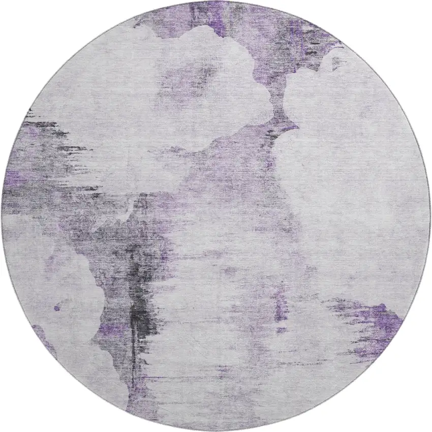 8' Purple Gray And Ivory Abstract Washable Round Rug With UV Protection Photo 1