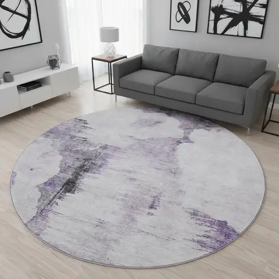 8' Purple Gray And Ivory Abstract Washable Round Rug With UV Protection Photo 2