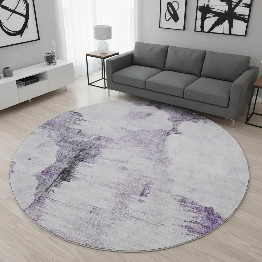 8' Purple Gray And Ivory Abstract Washable Round Rug With UV Protection Photo 2