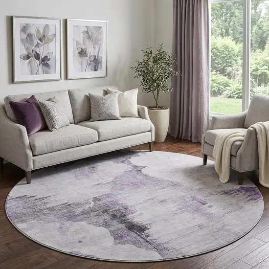 8' Purple Gray And Ivory Abstract Washable Round Rug With UV Protection Photo 1