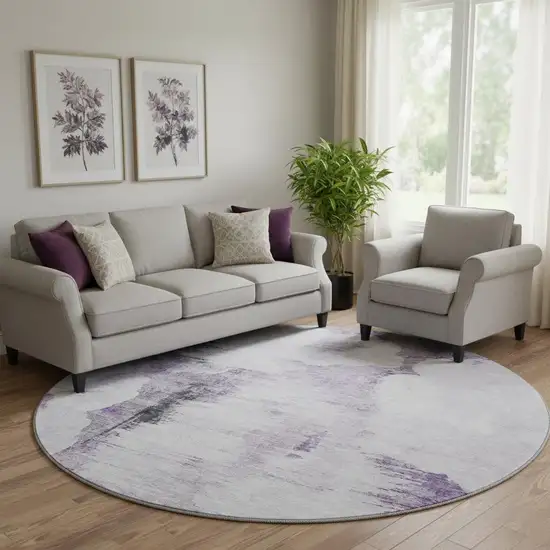 8' Purple Gray And Ivory Abstract Washable Round Rug With UV Protection Photo 1