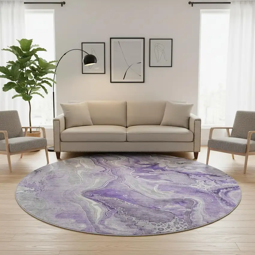 8' Purple Gray And Ivory Abstract Washable Round Rug With UV Protection Photo 2