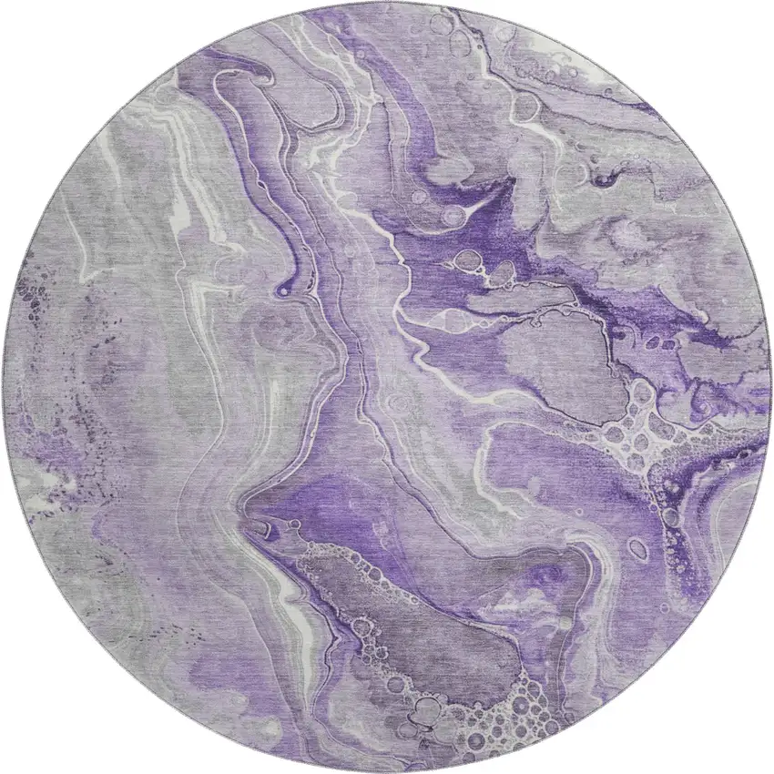 8' Purple Gray And Ivory Abstract Washable Round Rug With UV Protection Photo 1