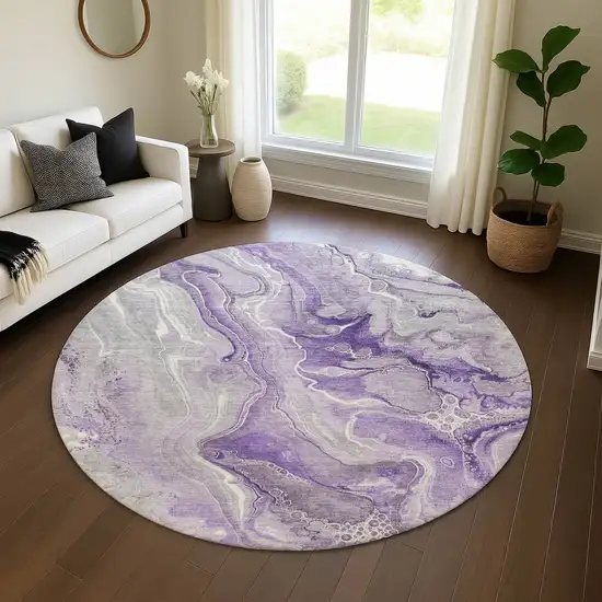 8' Purple Gray And Ivory Abstract Washable Round Rug With UV Protection Photo 4