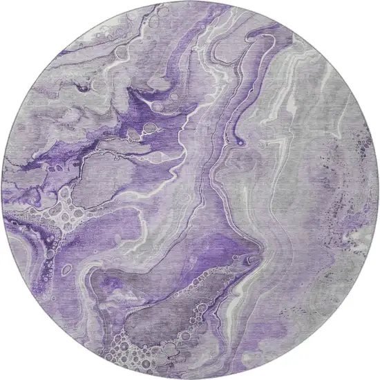 8' Purple Gray And Ivory Abstract Washable Round Rug With UV Protection Photo 3