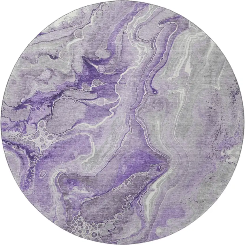 8' Purple Gray And Ivory Abstract Washable Round Rug With UV Protection Photo 3