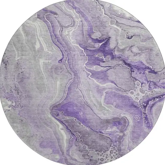 8' Purple Gray And Ivory Abstract Washable Round Rug With UV Protection Photo 2