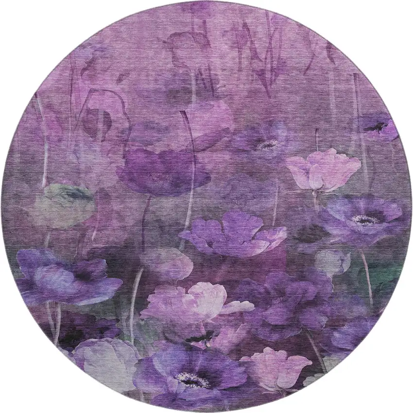 8' Purple Gray And Ivory Floral Washable Round Rug With UV Protection Photo 1