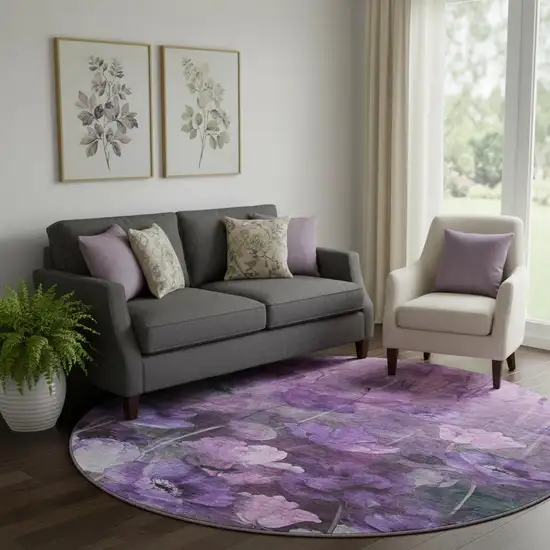 8' Purple Gray And Ivory Floral Washable Round Rug With UV Protection Photo 1