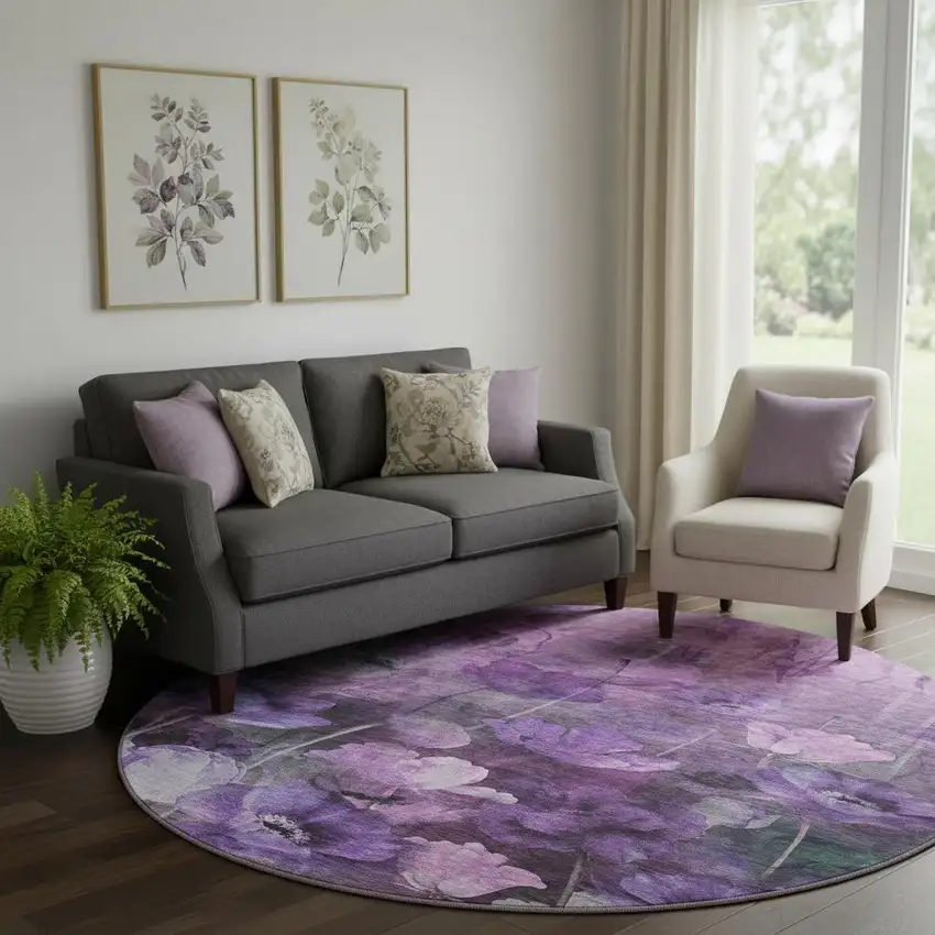 8' Purple Gray And Ivory Floral Washable Round Rug With UV Protection Photo 1