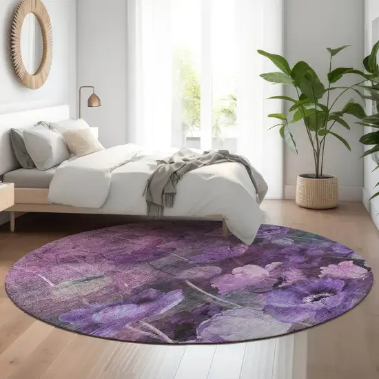 8' Purple Gray And Ivory Floral Washable Round Rug With UV Protection Photo 4