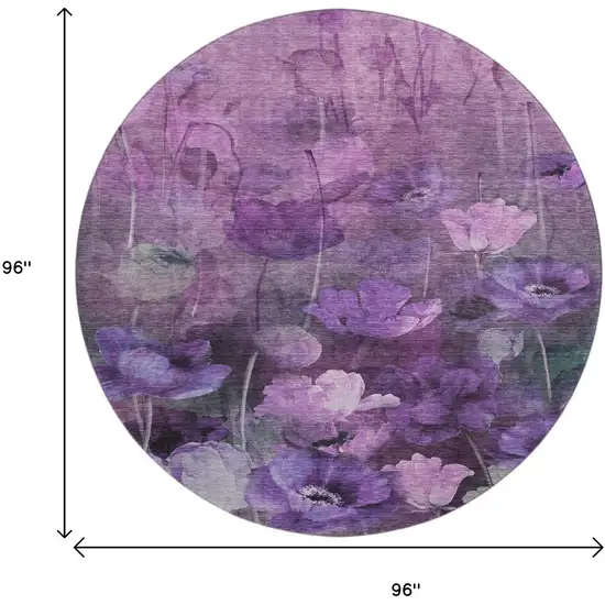 8' Purple Gray And Ivory Floral Washable Round Rug With UV Protection Photo 9