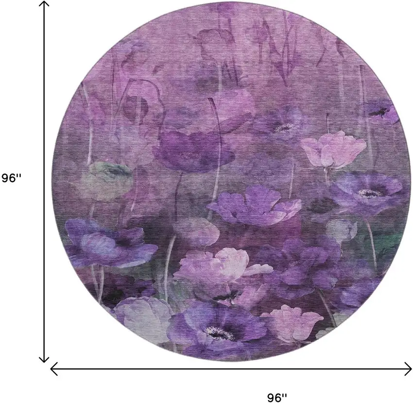 8' Purple Gray And Ivory Floral Washable Round Rug With UV Protection Photo 9