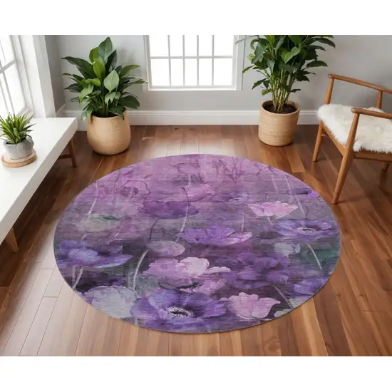 8' Purple Gray And Ivory Floral Washable Round Rug With UV Protection Photo 2