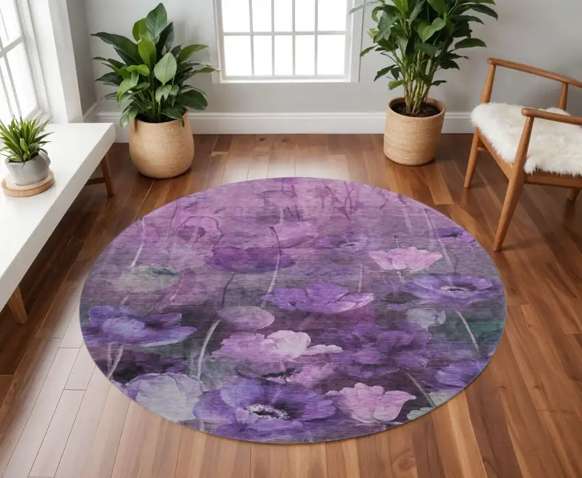8' Purple Gray And Ivory Floral Washable Round Rug With UV Protection Photo 2