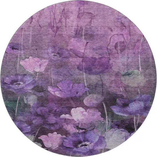 8' Purple Gray And Ivory Floral Washable Round Rug With UV Protection Photo 3