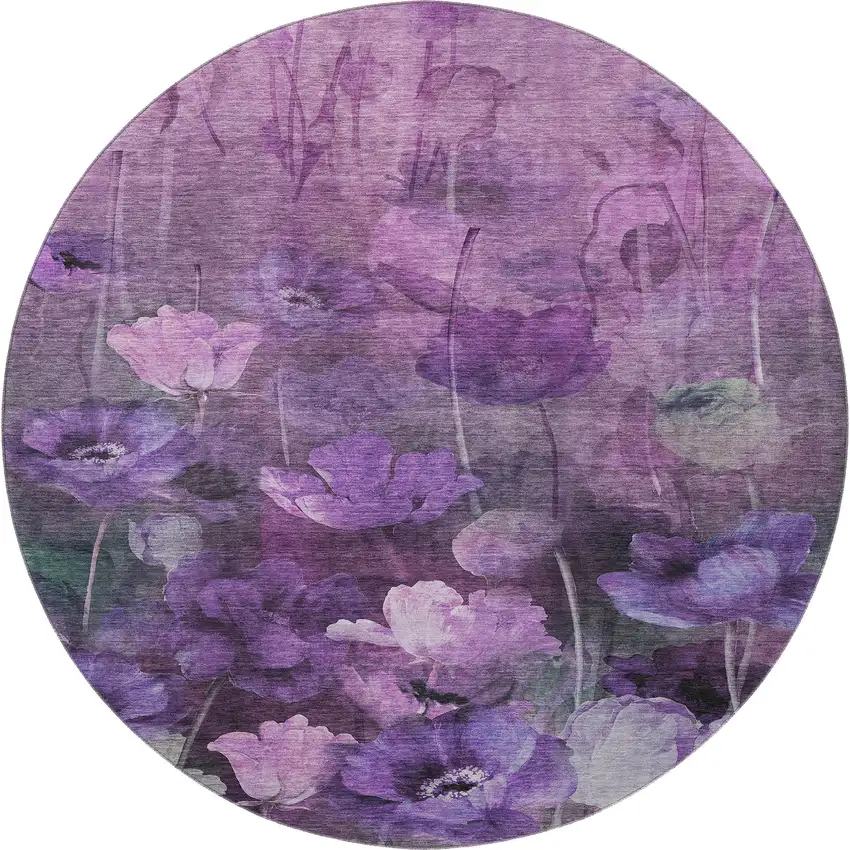 8' Purple Gray And Ivory Floral Washable Round Rug With UV Protection Photo 3