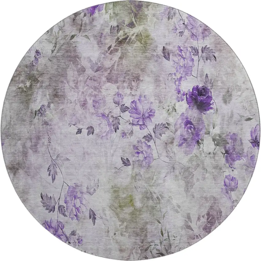 8' Purple Gray And Ivory Floral Washable Round Rug With UV Protection Photo 6