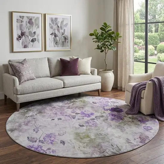 8' Purple Gray And Ivory Floral Washable Round Rug With UV Protection Photo 1