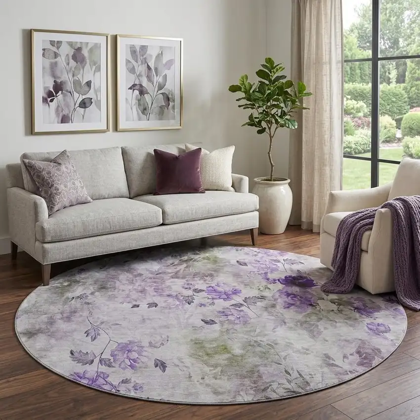 8' Purple Gray And Ivory Floral Washable Round Rug With UV Protection Photo 1