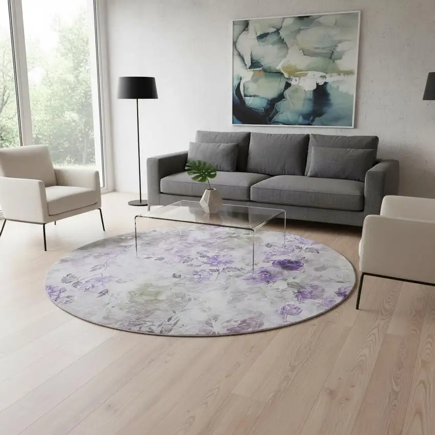8' Purple Gray And Ivory Floral Washable Round Rug With UV Protection Photo 2