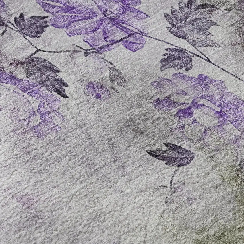 8' Purple Gray And Ivory Floral Washable Round Rug With UV Protection Photo 8