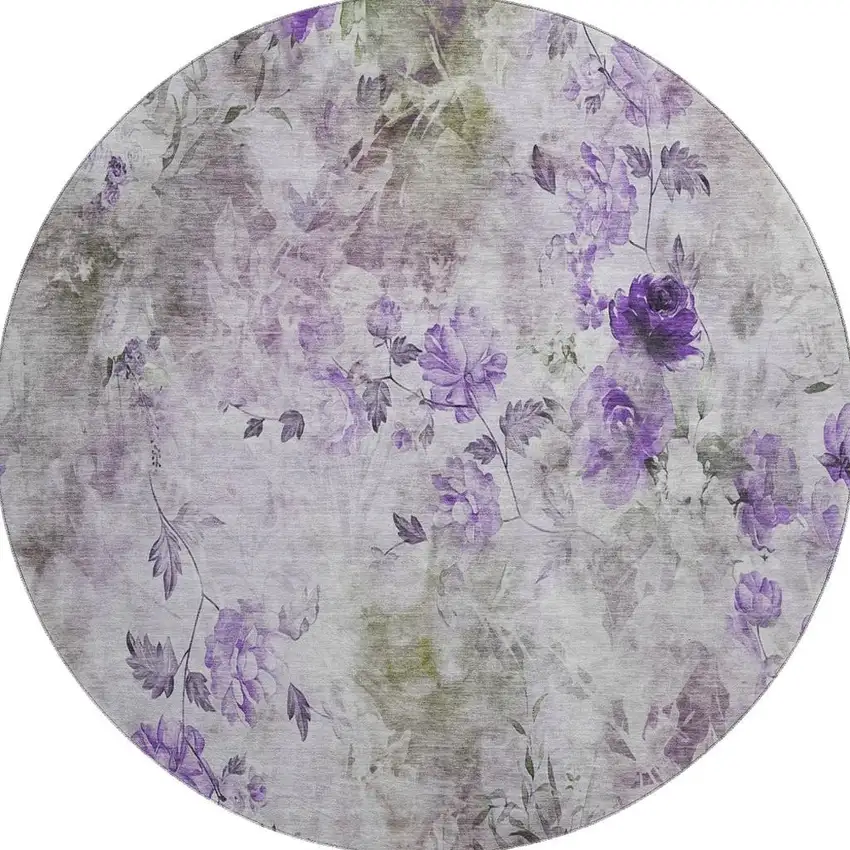 8' Purple Gray And Ivory Floral Washable Round Rug With UV Protection Photo 1