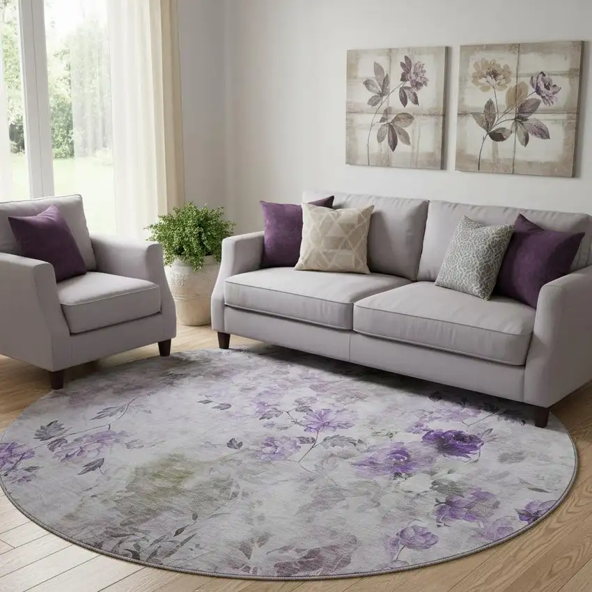 8' Purple Gray And Ivory Floral Washable Round Rug With UV Protection Photo 1
