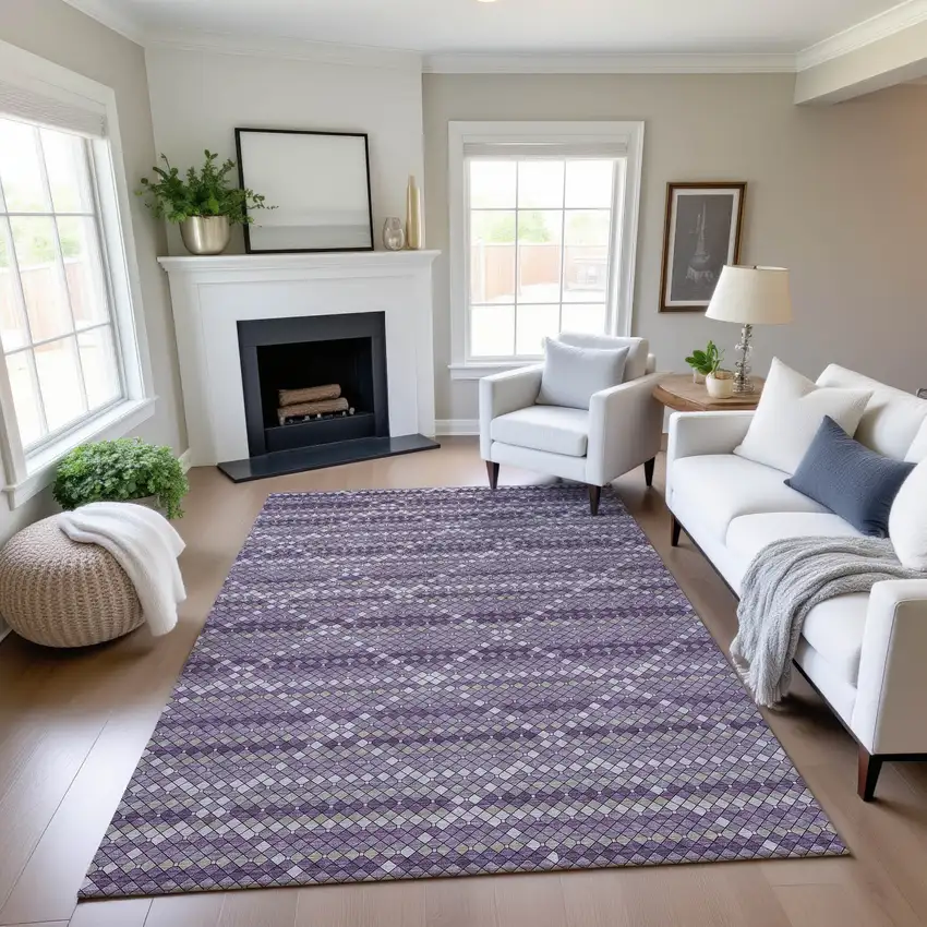 8' Purple Gray And Ivory Geometric Washable Area Rug With UV Protection Photo 4