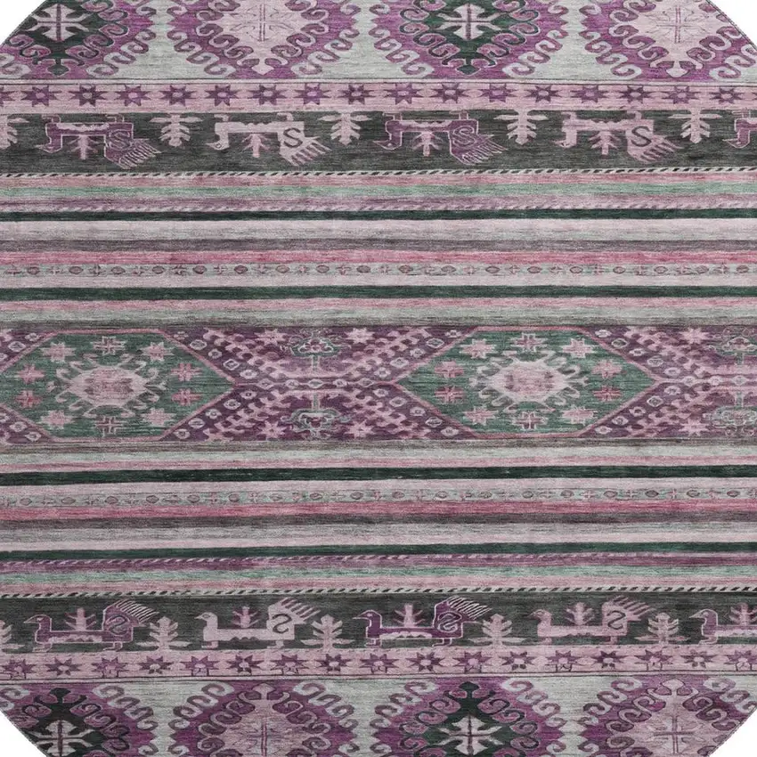 8' Purple Gray And Ivory Medallion Washable Round Rug With UV Protection Photo 2